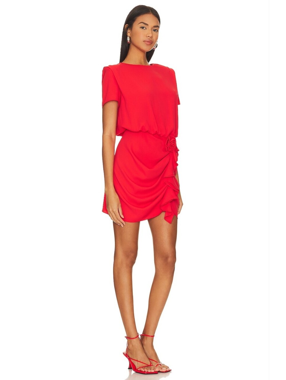 Amanda Uprichard Red Short-Sleeve Mini Dress with Rosette & Ruffle